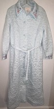 Vtg Sears At Home Wear Blue Quilted Housecoat Robe Embroidered Belt Floral Sz 14