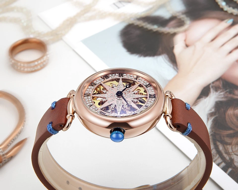 Reloj mecánico automático SKONE de lujo para mujer esfera estrella esqueleto correa de cuero Foto 3 de 4