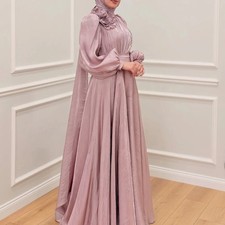 A-Line Prom Dresses Floor-length High-Neck Full Sleeve Evening Gown Flowers