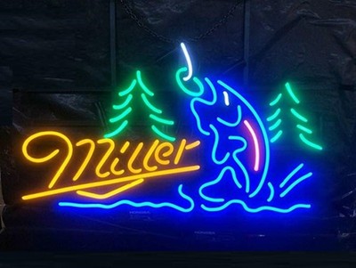 US STOCK Miller Lite Beer Fishing Fish Hooked 20''x16'' Neon Sign Lamp Light Bar