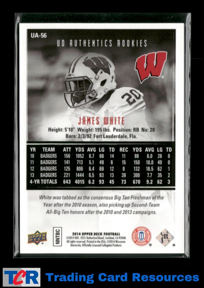 2014 Upper Deck #UA-56 James White Authentics Rookies #/430 - Image 2 of 2