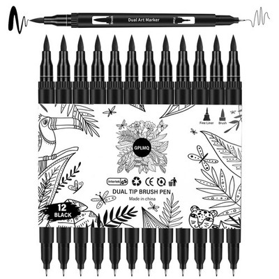 Black Drawing Pens, 12 Pack Felt Tip Markers for Adults and Kids, Dual Tip Br...
