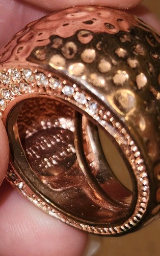 Vintage Rose Gold Pink Adjustable Chunky Ring Domed Hammered Metal Rhinestones - Afbeelding 10 van 12