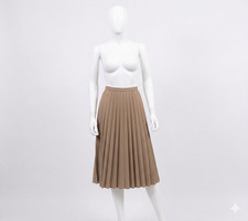 Vintage Tan Pleated Midi Skirt Elastic Waist Camel Brown Boho Classic A-Line 18