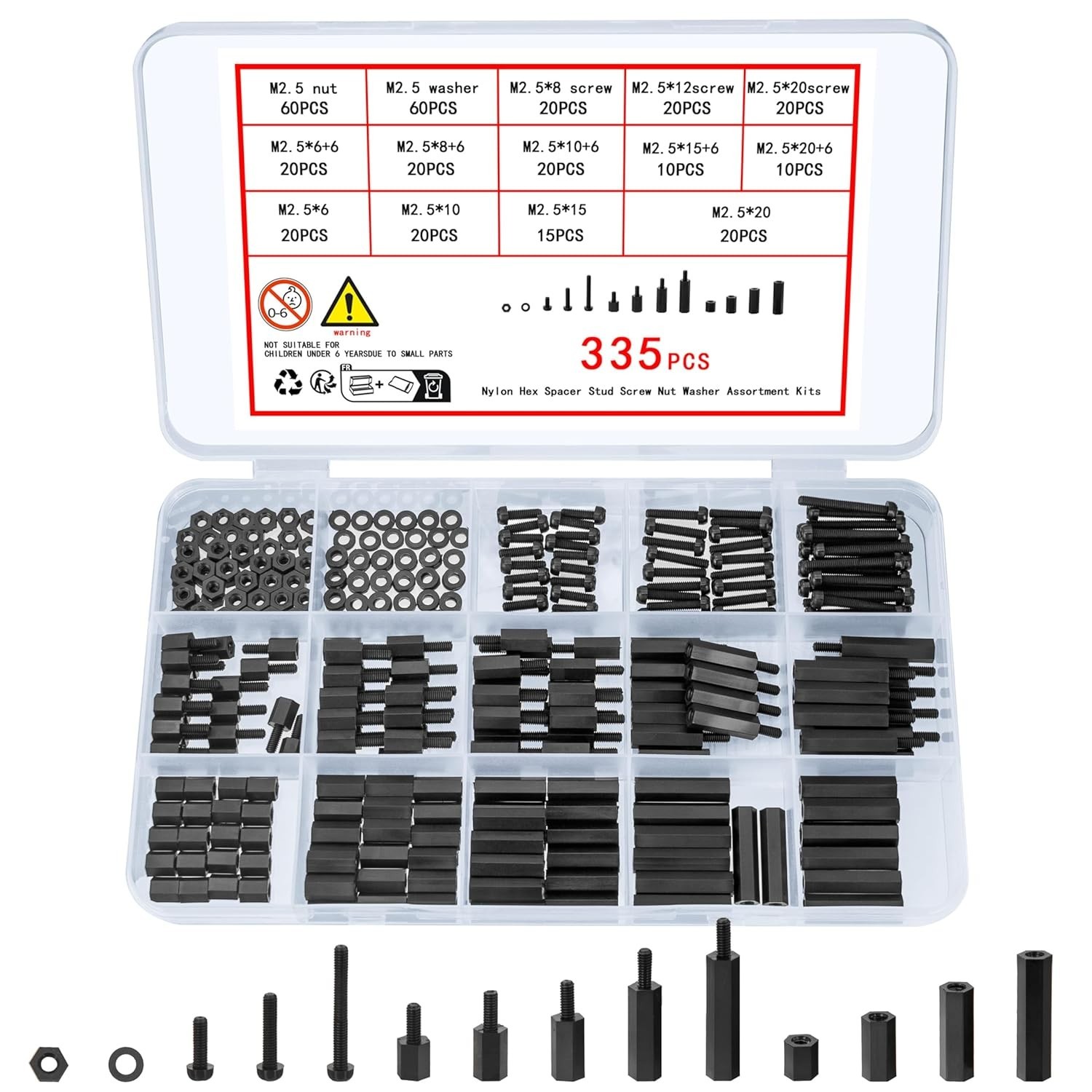 335pcs M2.5 Nylon Spacer Standoff Screw Nut Kit PCB Motherboard Assortment Set