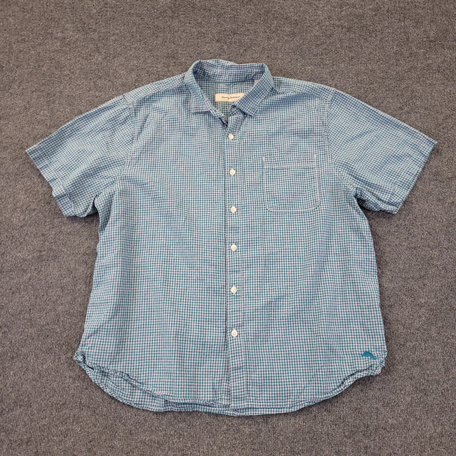 Tommy Bahama Linen Bend Shirt Mens XL Gingham Check Short Sleeve Button Up