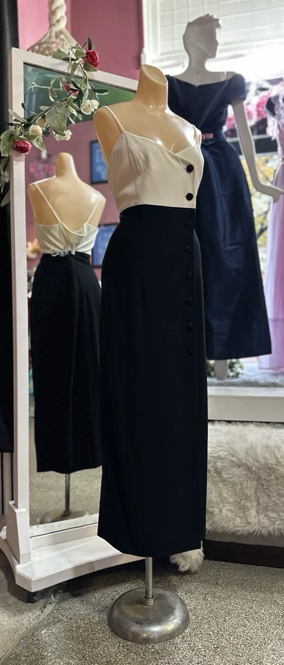 Vintage 90s Maxi Dress Strappy Black White Sundress Minimalist Colorblock M - Image 4 of 4