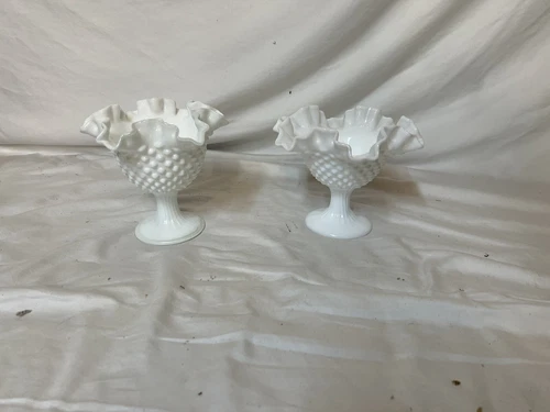 Two Vintage Hobnail Milk Glass Ruffled Handkerchief Vase