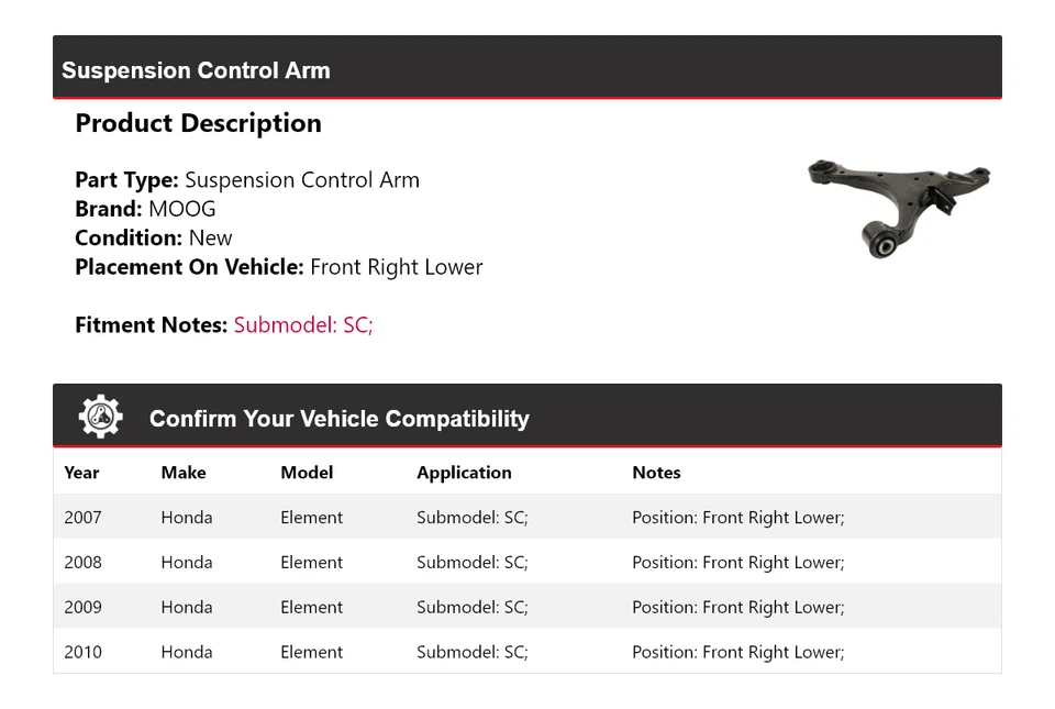 Brazo de control de suspensión delantero derecho inferior MOOG para Honda Element SC 2007-2010 Foto 2 de 4