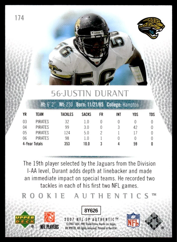 2007 SP Authentic Justin Durant Rookie 451/999 Jacksonville Jaguars #174 R62 - Image 2 of 2