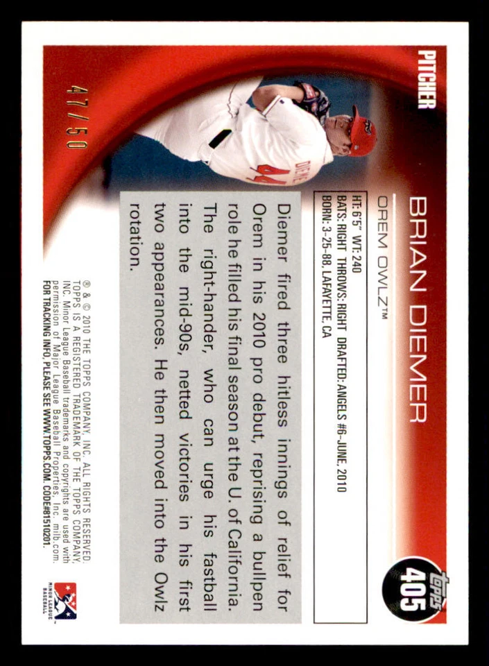 2010 Topps Pro Debut Gold #405 Brian Diemer /50 - Image 2 of 2