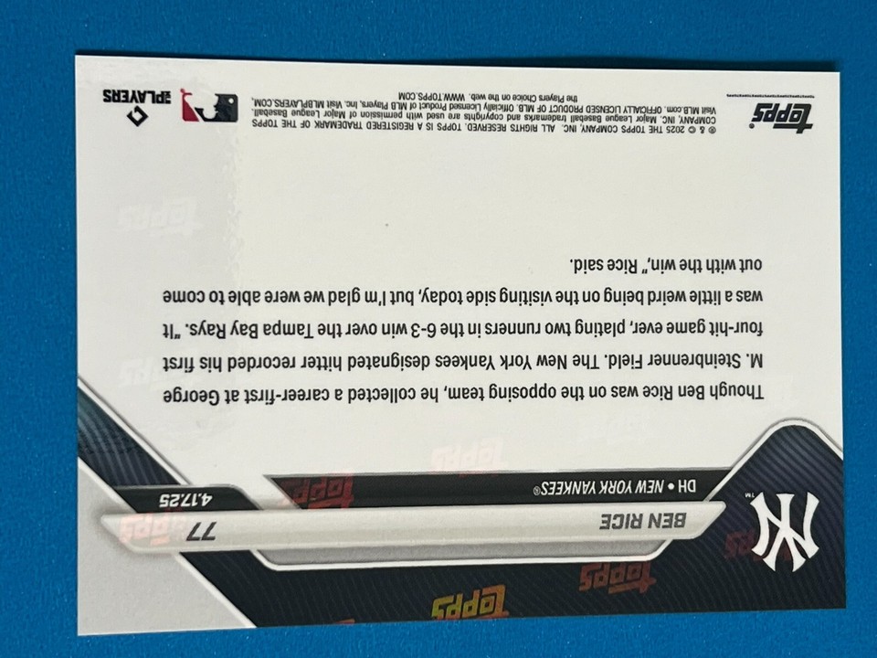 2025 MLB Topps NOW #77 BEN RICE NEW YORK YANKEES ROOKIE 4 HIT GAME c | eBay