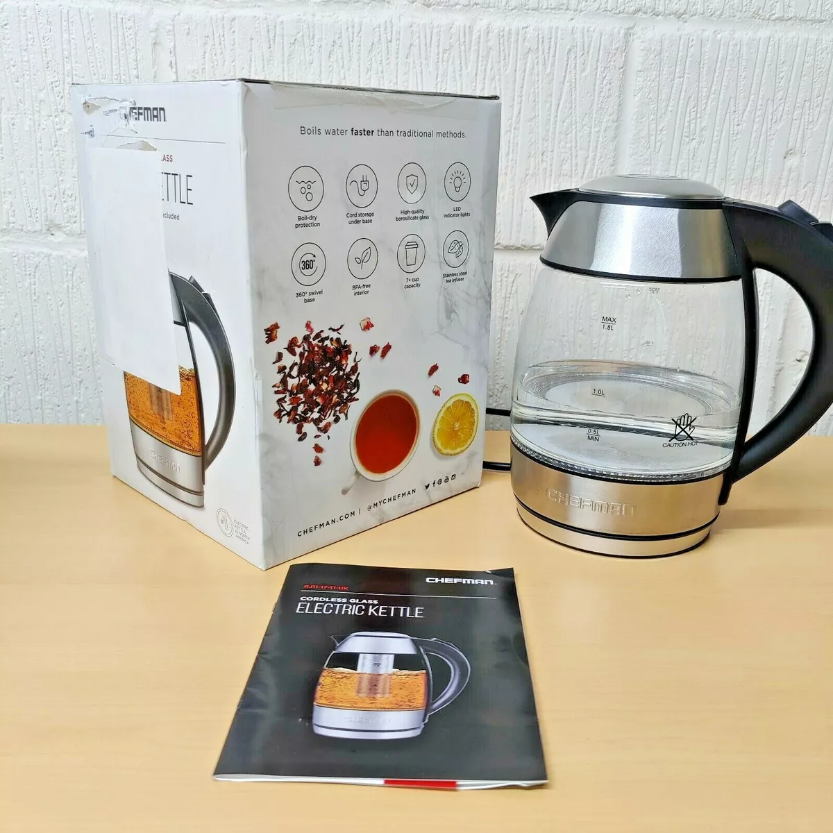 Chefman RJ11-17-TI Glass Kettle - 1100W - 1.8L