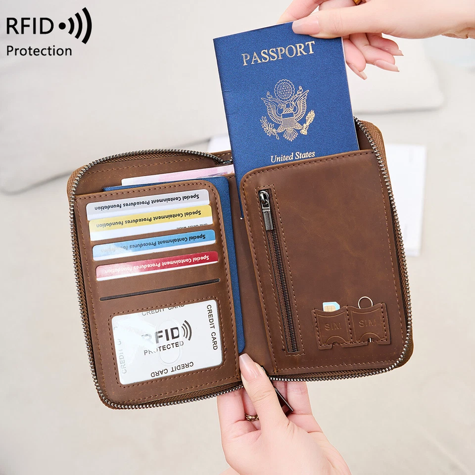 Travel Passport Holder RFID Anti Theft Wallet Brushing Soft Leather Credit Card - Image 3 of 4