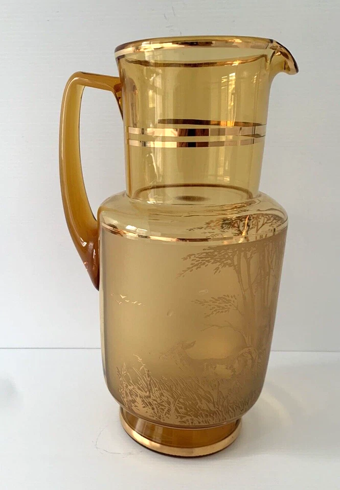 Bohemia Amber & Frosted Glass Jug with 6 Tumblers Gold Gilt Forest Stag & Deers - image 4 of 4