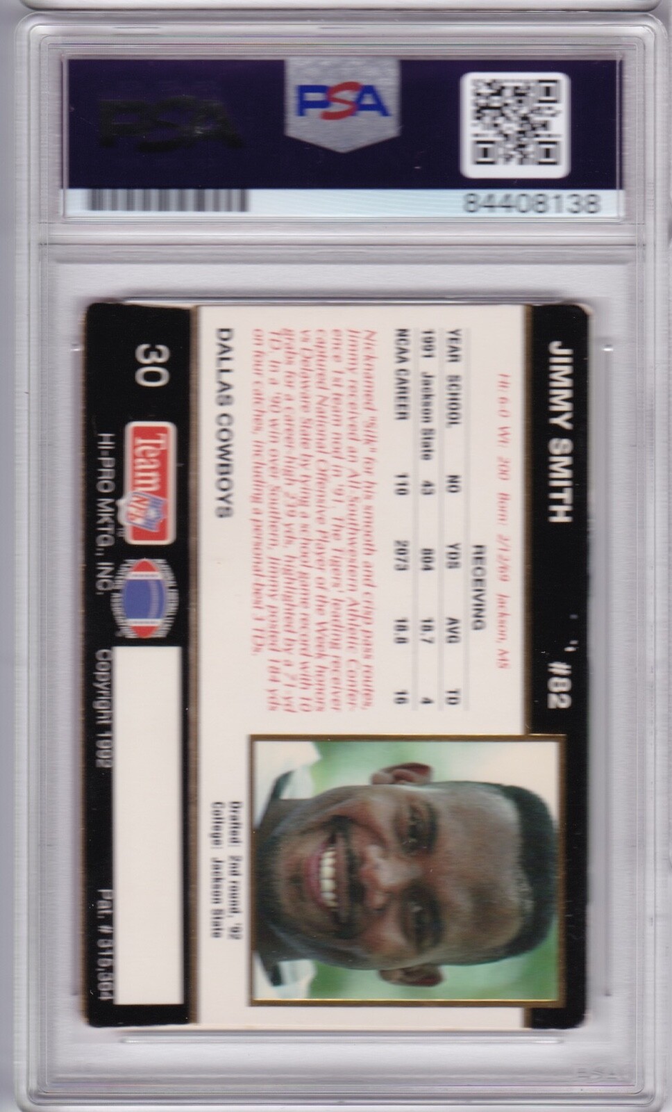JIMMY SMITH PSA/DNA Signed Auto Autograph 1992 Action Packed RC Cowboys Jaguars view 2