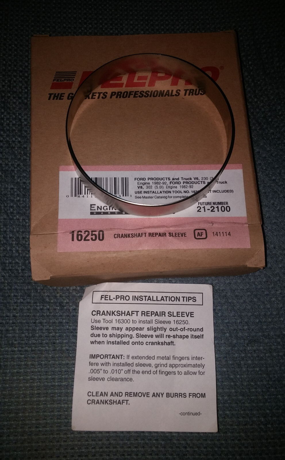 Felpro 16250 Rear Crankshaft Seal Repair Sleeve Ford 302 5.0L Mustang