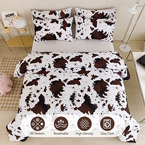 Queen Size Cow Print Bedding Comforter Set Brown White Cowhide Western