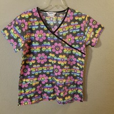 Just Love Womens Mod Floral Short Sleeve Scrub Top Two Pockets Size Small