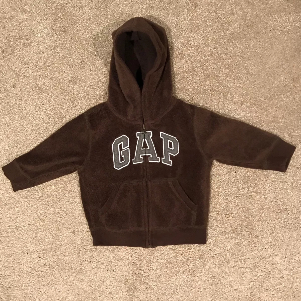 baby Gap Boys Logo Brown Cozy Fleece Hoodie Zip Sweatshirt Jacket 18 24m