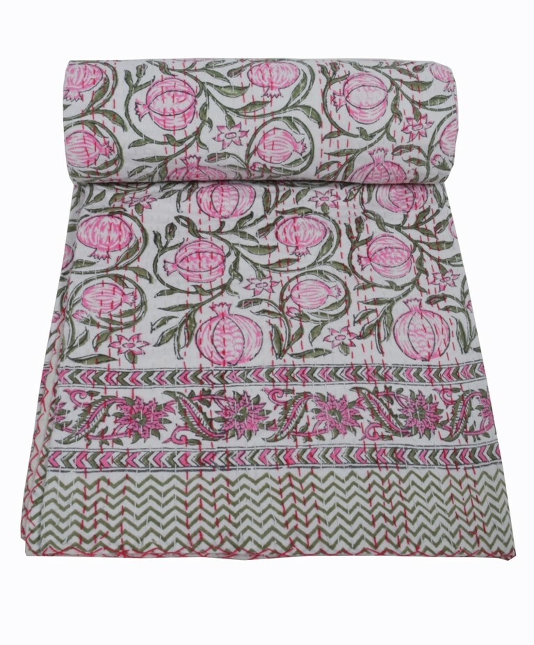 Indian Hand Block Floral Print Kantha Quilt Twin Size Throw Decor Bedding Gudari