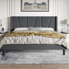 Queen Size Modern Platform Bed Frame with Geometric Wingback Headboard,Dark Grey