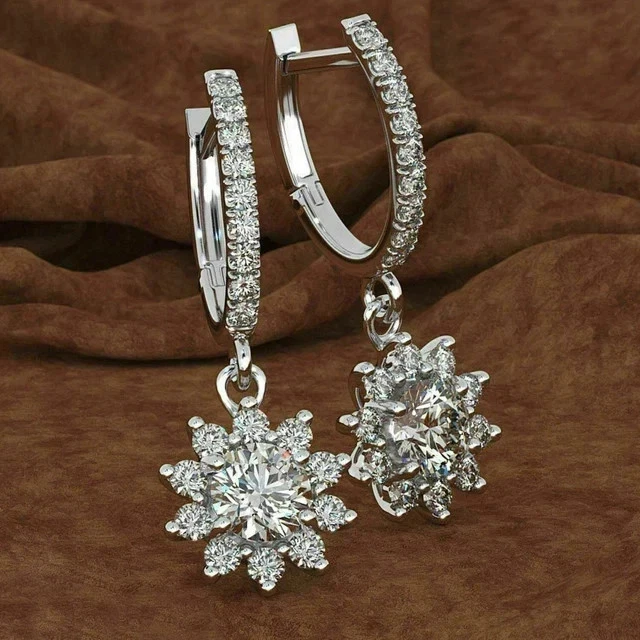 Drop Dangle Earrings 2.00CT Lab Created Round Cut Diamond 14K White Gold Plated - Image 2 of 3