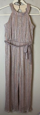 NWT Zunie Girls Metallic Stripe Jumpsuit Size 12 Belted Shimmer Holiday Trendy