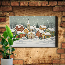 Rustic framed winter village snowy houses red roofs canvas wall art decor