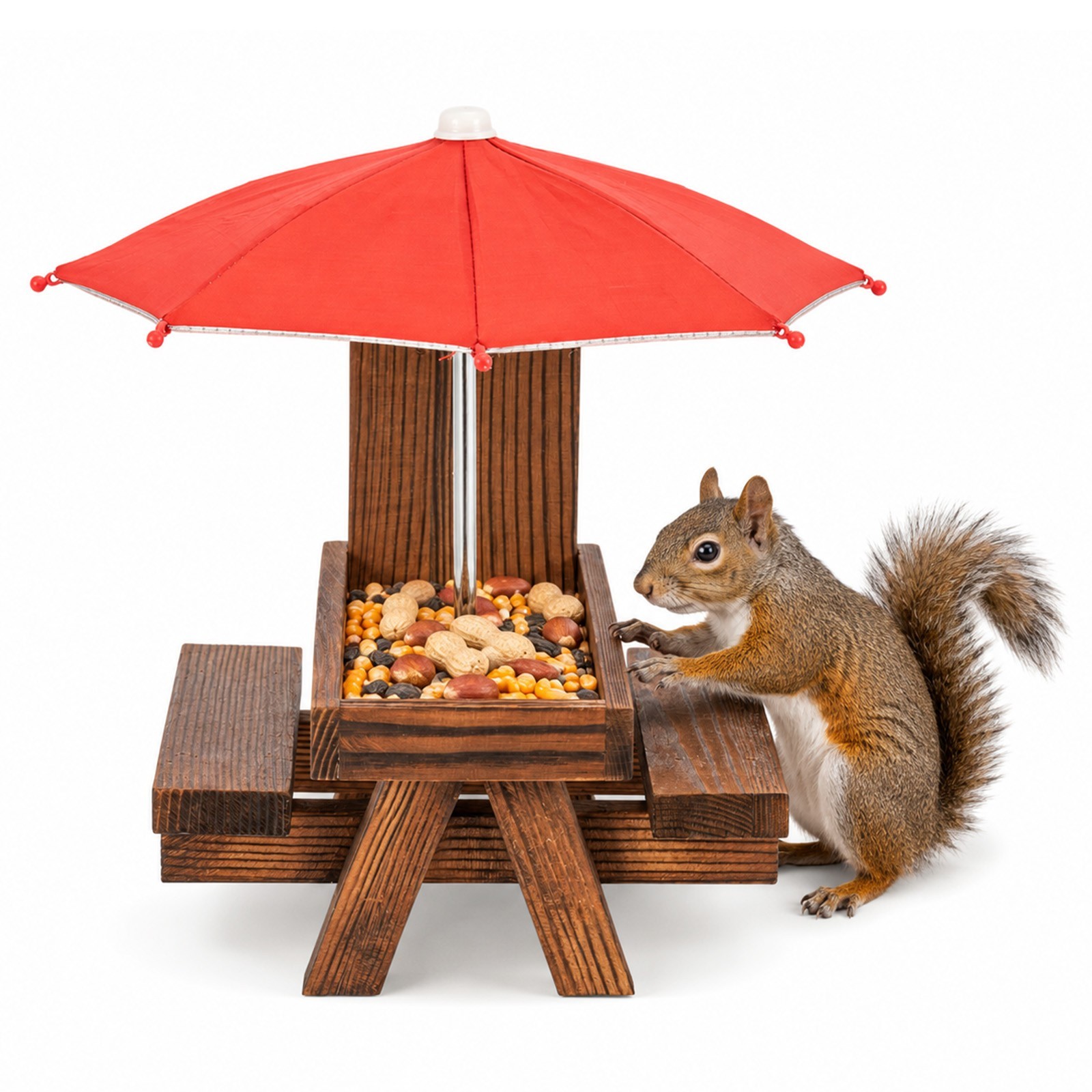 Quirrel Feeder Table with Umbrella, Wooden Squirrel Feeding Station Picnic Bench