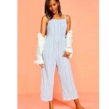 Old Navy Blue White Striped Linen Blend Wide Leg Jumpsuit Size S Make up stain