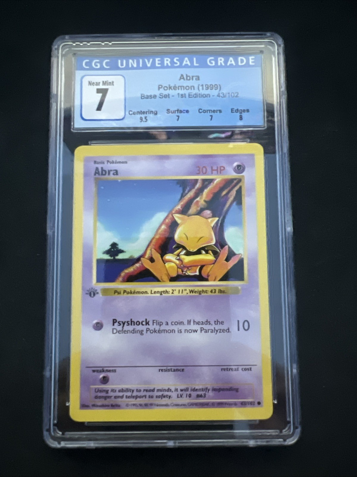Abra 43/102 Base Set 1st Edition Shadowless Pokemon 1999 WOTC CGC 7 Near Mint