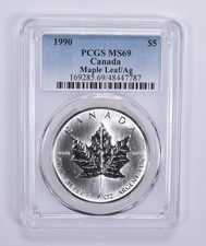 MS69 1990 Canada 5 Dollar Maple Leaf 1 Oz Silver PCGS Blue Label *3522