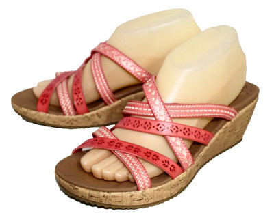 SKECHERS Beverlee Tiger Posse Wedge Slide Sandals Size 8.5 Coral Pink Leather
