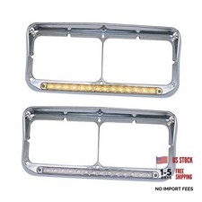 2x Chrome Headlight Bezels 12" Amber LED Light with Visor Amber LED Clear Lens