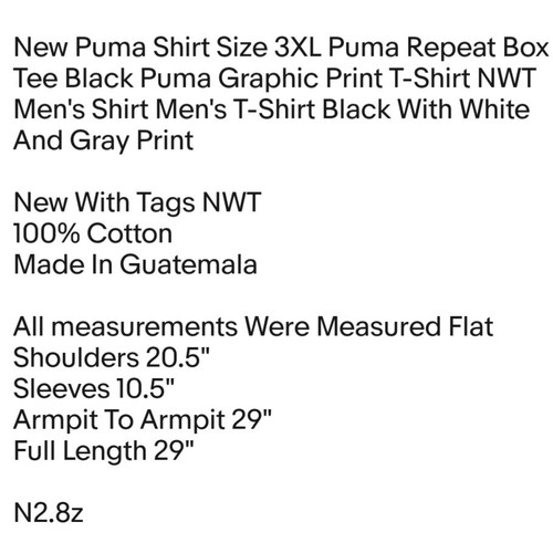 Nueva Camisa Puma Talla 3XL Puma Camiseta Repeat Box Negra Puma Gráfico Estampado Camiseta Nueva con Etiquetas - Imagen 2 de 5