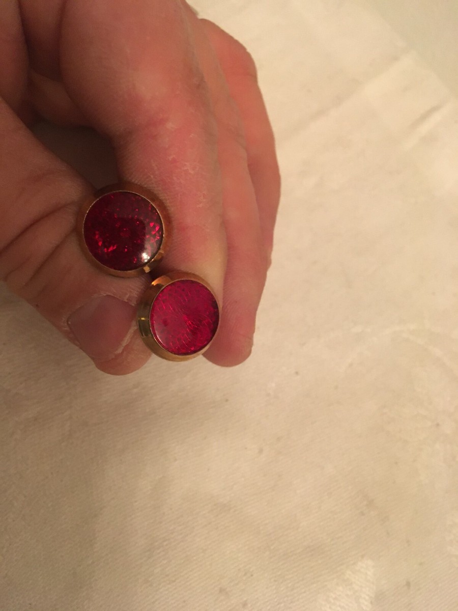 Vintage PIONEER Cuff Links Round Goldtone with Red Stones 1