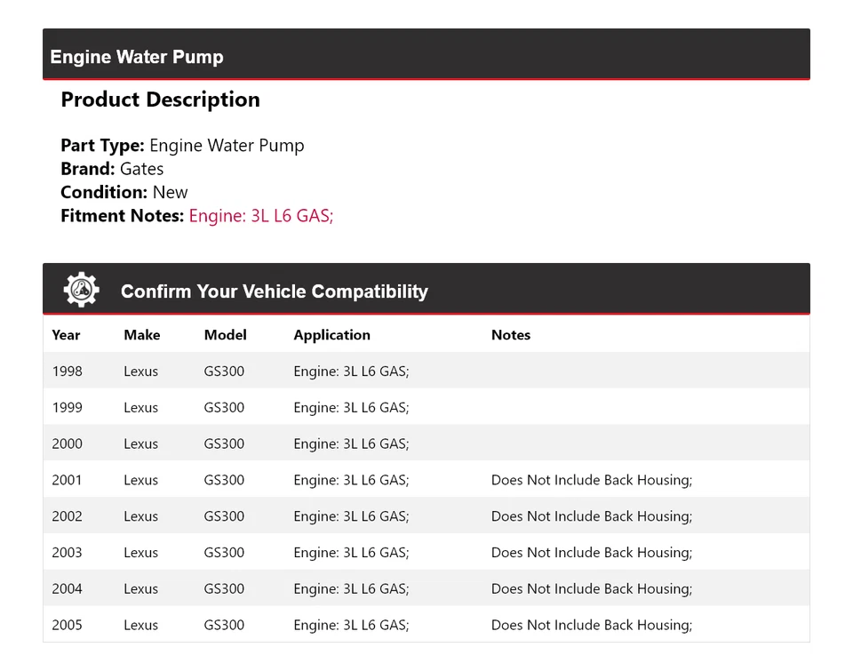 Para Lexus GS300 1998-2005 3L L6 Motor Gas Bomba Agua Puertas 1999 2000 2001 2002 Foto 2 de 4