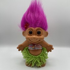 Russ Troll HAWAIIAN HULA GIRL Dancer Doll Hot PINK Hair 1990s Hawaii Green Skirt
