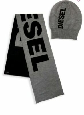 DIESEL Men's Gray black color block knit hat scarf set Msrp 98