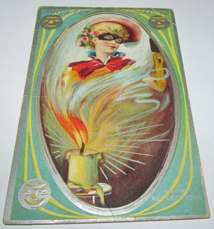 Vintage Halloween Greetings Postcard Happy Relections Masquerade Mask Candle Glo