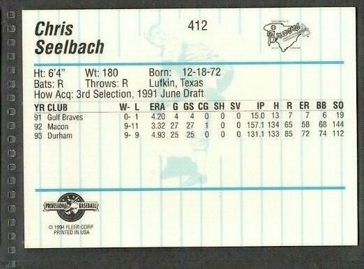 1994 Fleer #412 Chris Seelbach Greenville Braves Baseball Signed