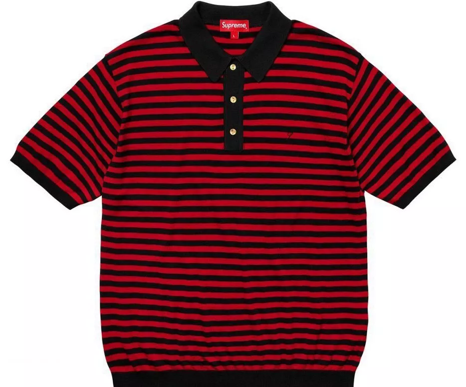 Supreme Striped Knit Polo Red Black Size Medium SS18 Collared Shirt Box Logo