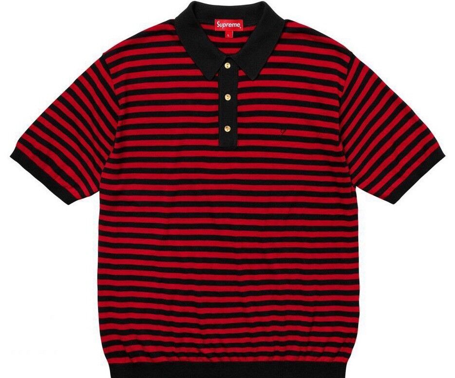 Supreme Striped Knit Polo Red Black Size Medium SS18 Collared Shirt Box Logo