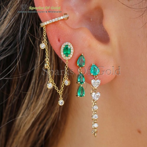 Natural Diamond & Oval Emerald Connecting Ear Cuff 14k Solid Gold Fine Jewelry - Picture 2 of 3