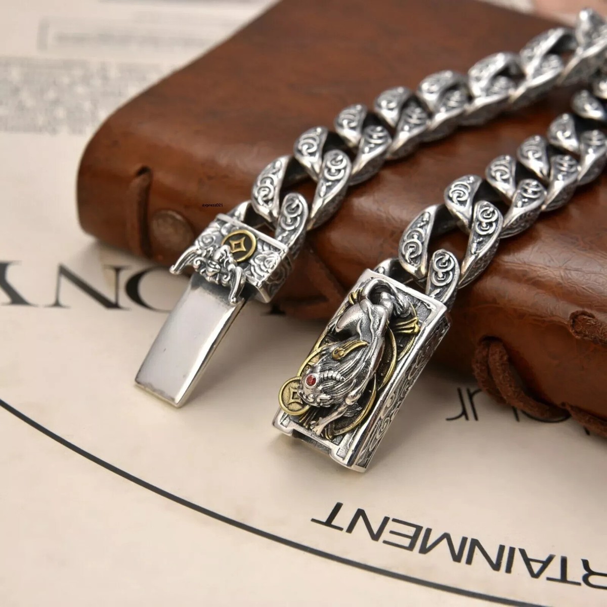Solid 925 Sterling Silver Chain Men Pixiu Coin Curb Link Bracelet