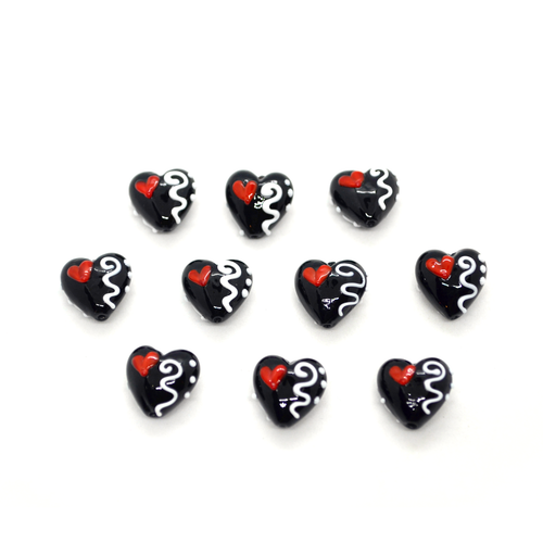 (10 pcs) Black/Red-White Details - Lampwork Beads, Approx 15x15mm - Picture 2 of 4