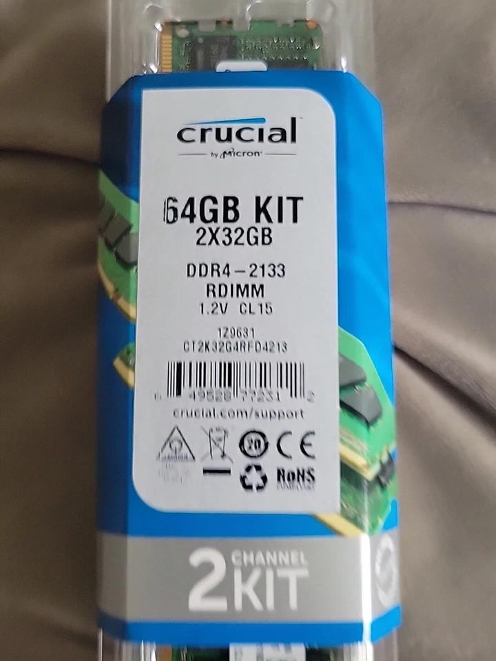CRUCIAL 64GB (32GBx2) DDR4 2133 ECC REG PC4-17000 288-PIN SD RAM-CT2K32G4RFD4213 - Image 2 of 4