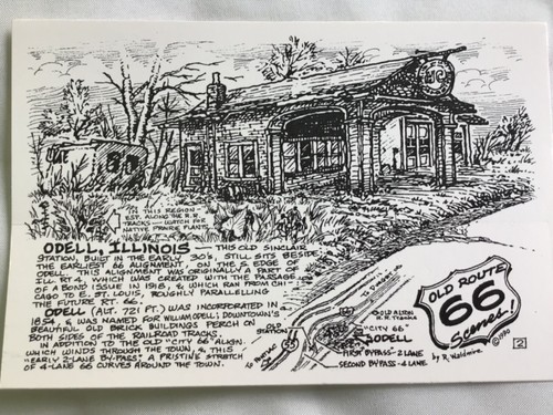 Bob Waldmire Route 66 Postkarte "O'Dell Illinois Sinclair Tankstelle" Kostenloser Versand - Bild 1 von 2