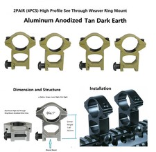 Tan 1 inch Scope Rings 2 Pair High Profile See Through Picatinny Weaver Mount